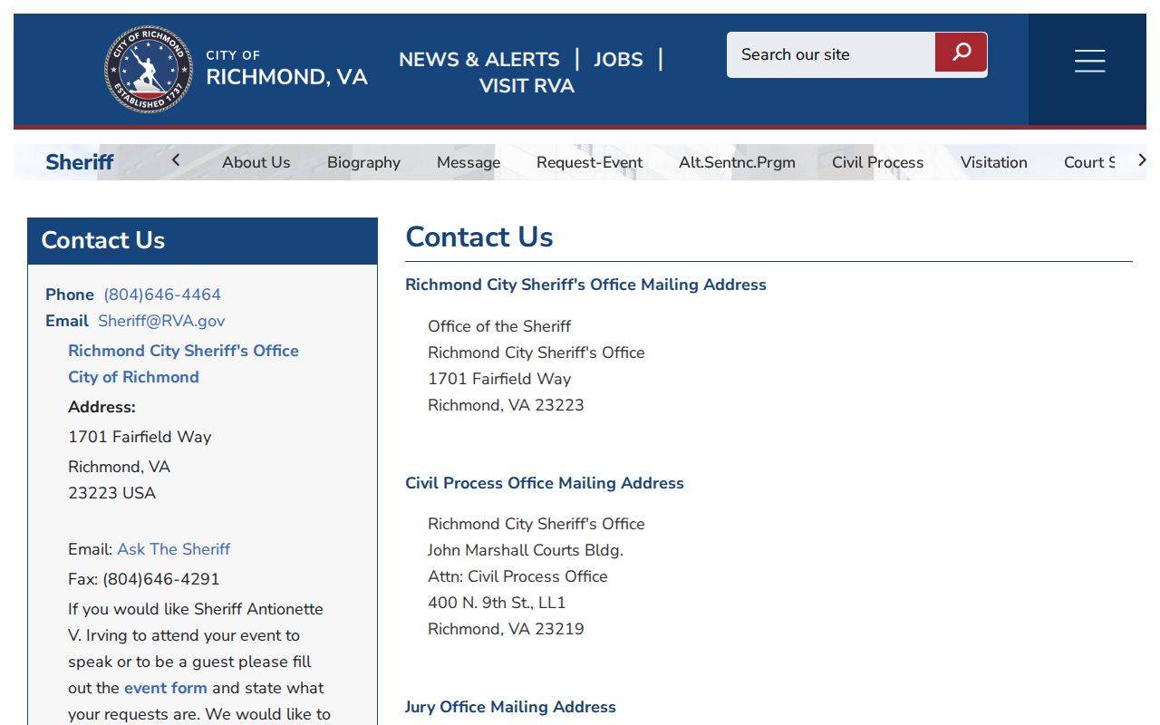 Richmond City arrest records and Sheriff direct contact directory