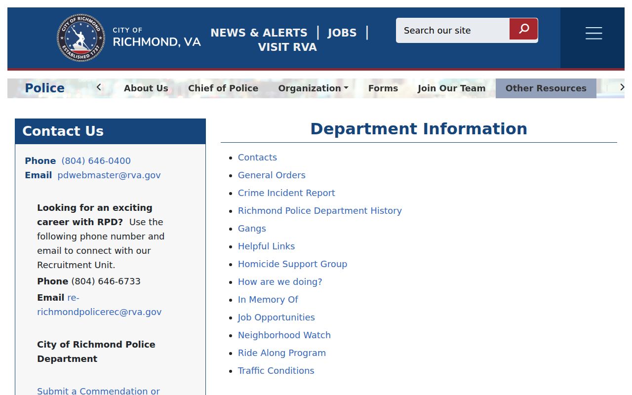 Richmond criminal history contact information at RPD headquarters