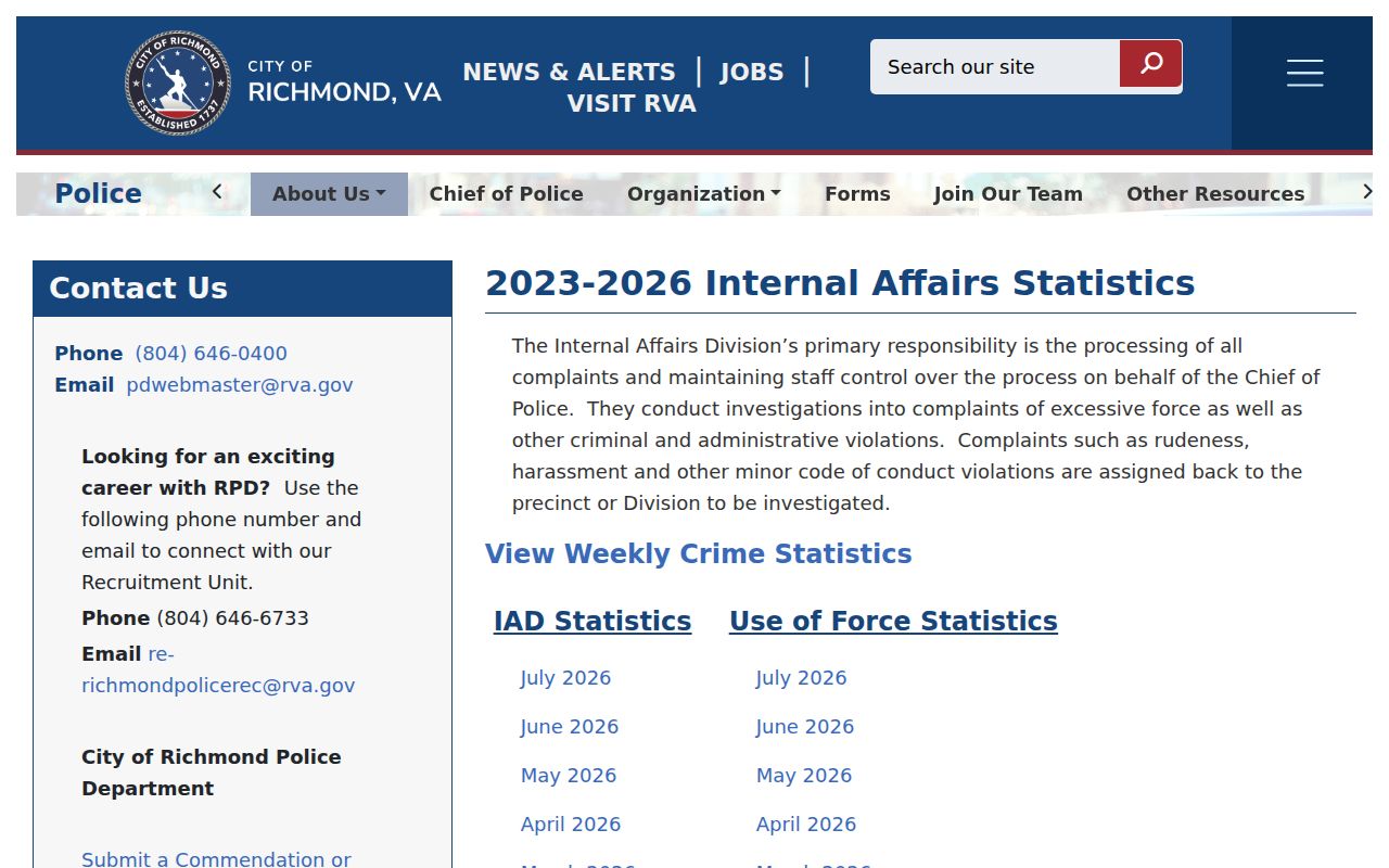 Richmond criminal history and weekly police statistics index