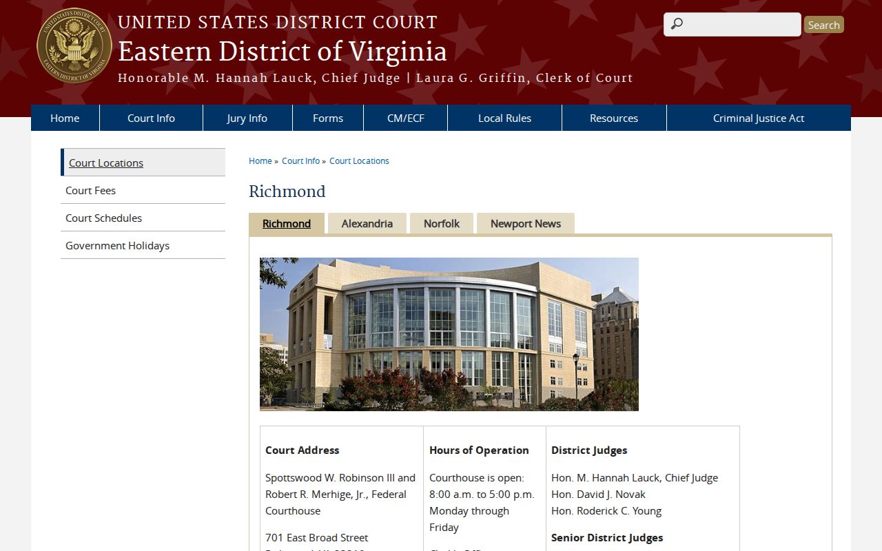 Richmond City criminal records at the federal Richmond courthouse