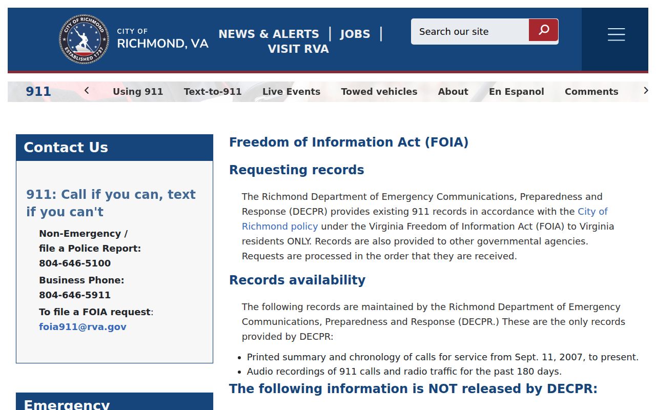 Richmond City police and 911 criminal record request channels