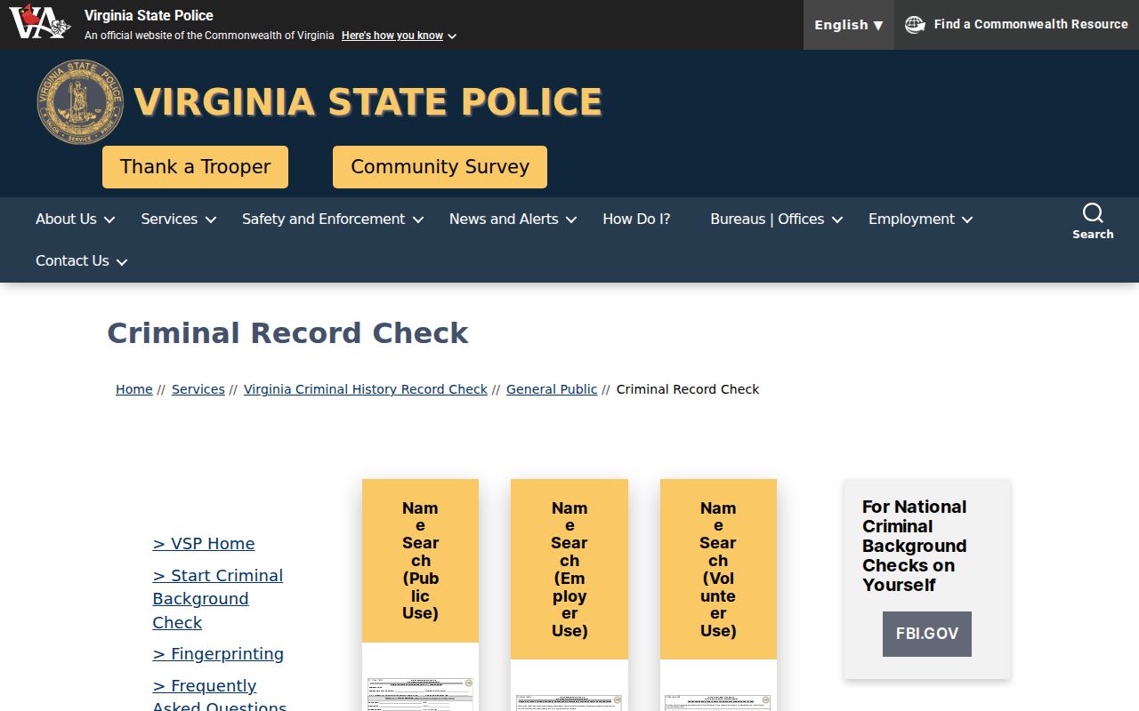 Richmond City SP-167 criminal record check selection interface