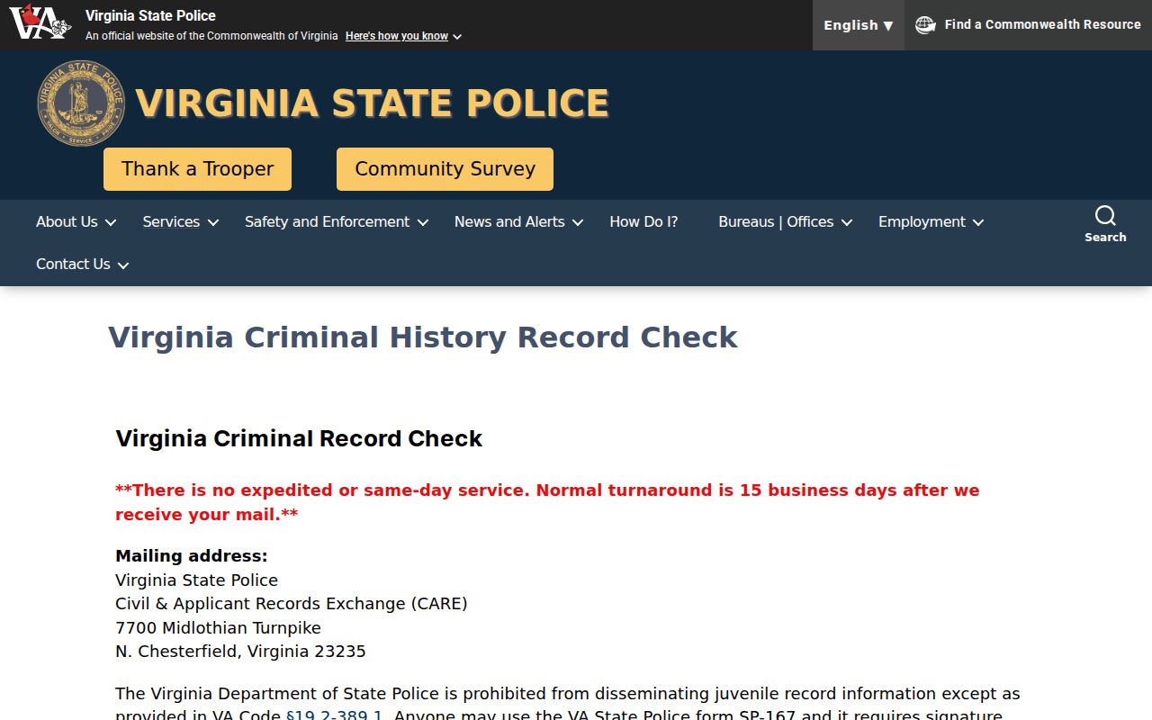 Richmond City criminal history channels through Virginia State Police