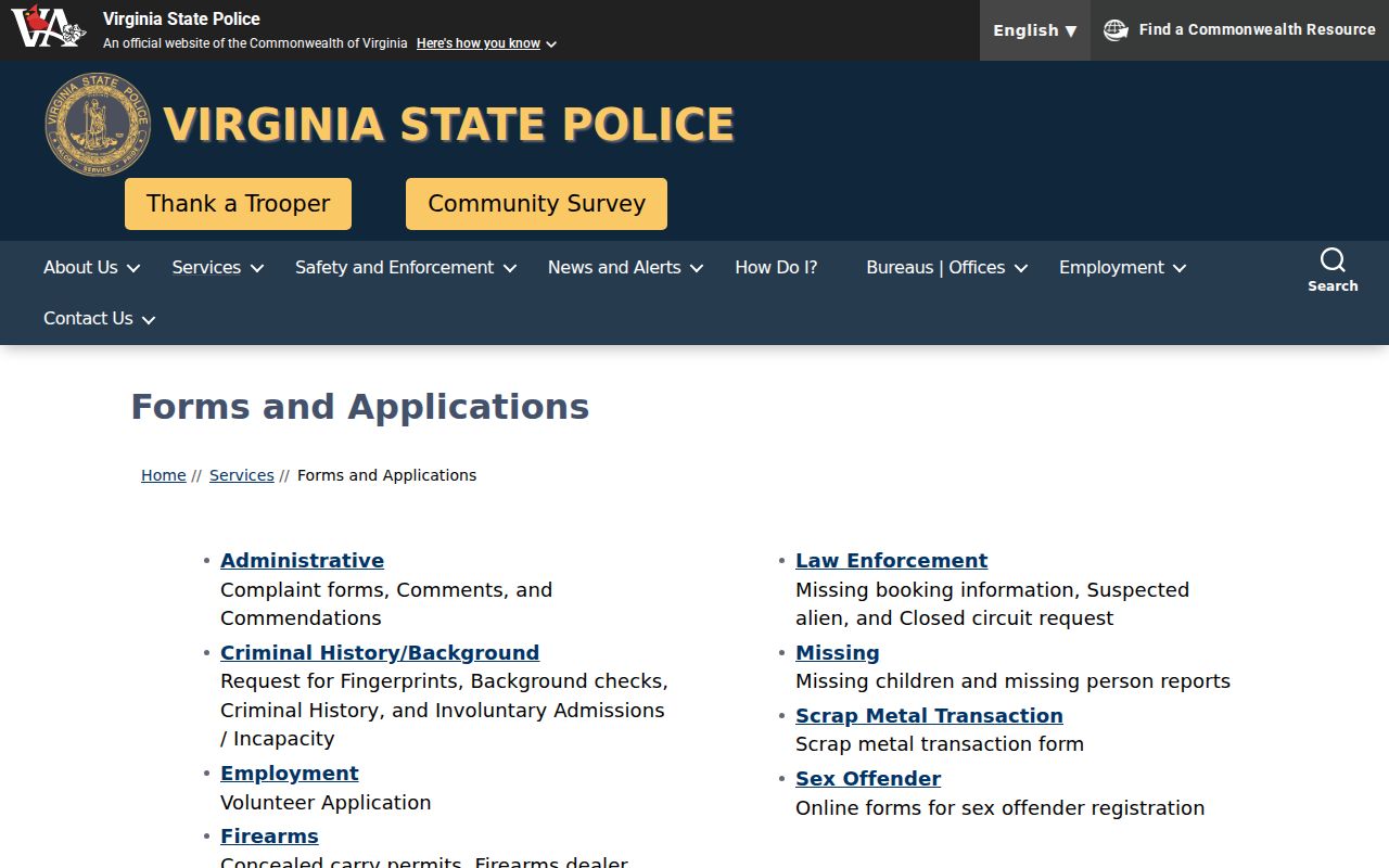 Richmond City criminal history forms in the Virginia State Police directory
