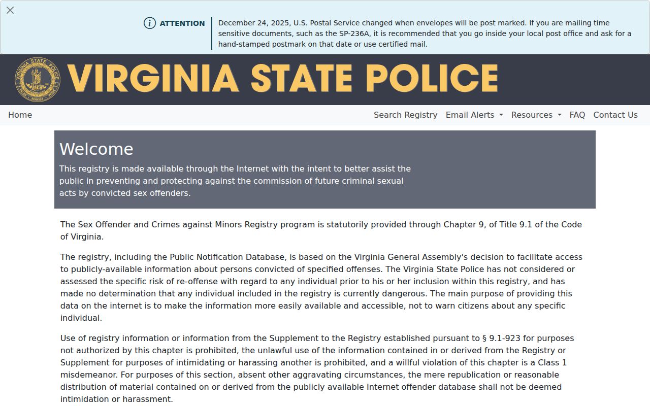 Richmond City sex offender registry search interface in VSPSOR